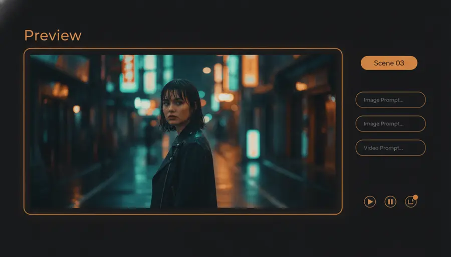 A generated music video clip preview with prompt, reference image, and rendered MP4 frame